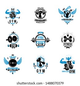 Vector fitness workout theme logotypes and inspiring posters collection created with dumbbells, barbells, disc weights sport equipment and muscular sportsman body silhouettes.