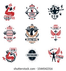 Vector fitness workout theme logotypes and inspiring posters collection created with dumbbells, barbells, disc weights sport equipment and muscular sportsman body silhouettes.