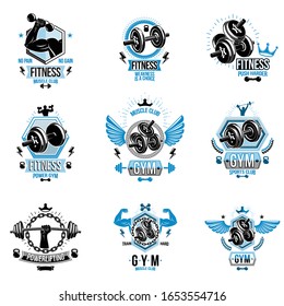 Vector fitness workout theme logotypes and inspiring posters collection created with dumbbells, barbells, disc weights sport equipment and muscular sportsman body silhouettes.