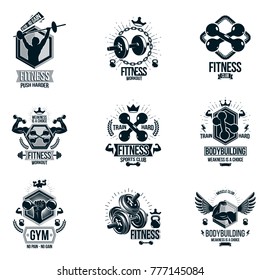 Vector fitness workout theme logotypes and inspiring posters collection created with dumbbells, barbells, disc weights sport equipment and muscular sportsman body silhouettes.