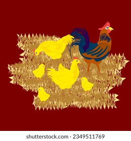 Vector - Five chicken and a faucet. Illustration of farm animals on straw.