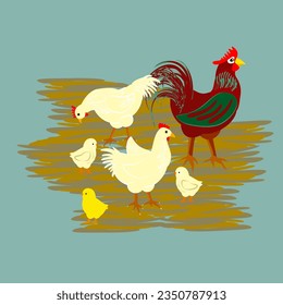 Vector - Five chicken and a faucet. Illustration of farm animals on straw.