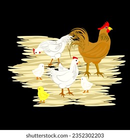 Vector - Five chicken and a faucet. Illustration of farm animals on straw.