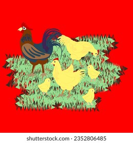 Vector - Cinco pollos y un grifo. Ilustración de animales de granja en paja.
