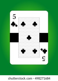 Vector of five of clubs. Playing poker card. Isolated on green background.
