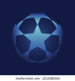 Vector five pointed star turquoise blue football ball on a square dark blue background. Soccer symbol. Sport backdrop.