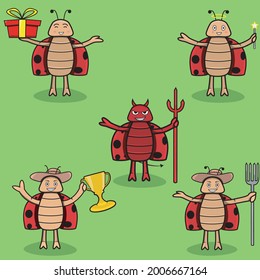 Vector Of Five Pose Beetles Character, Green Colors Background