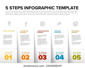 Vector Five simple slips of paper as steps progress template with descriptions and icons. Diagonal set od folded papers as four steps of procedure