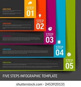 Vector Five simple slips of paper as steps progress template with descriptions and icons. Diagonal set of dark papers with color border as five steps of procedure