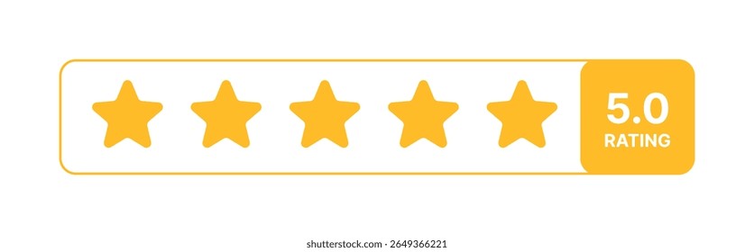 Vector five star rating bar with bold yellow stars, flat design icon for reviews, customer satisfaction, website UI UX, feedback metric on transparent background, evaluation element scoring systems