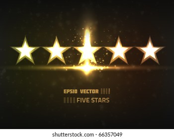 Vector five stars concept. Contains bright lights and blurry circle shaped particles on dark background