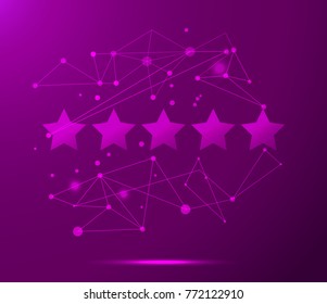Vector five stars purple background with lines, dots, technology concept
