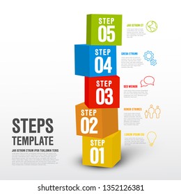 Vector five steps progress infographic vertical template made from colorful cubes and icons