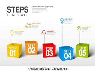 Vector five steps progress infographic template made from colorful cubes and icons