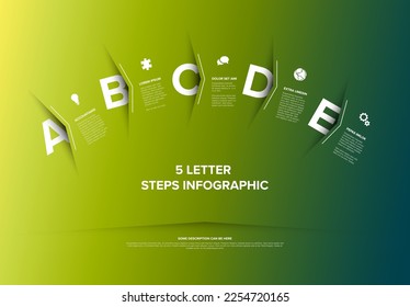 Vector five steps progress or options template with big arrows and letters with deep shadow cut from the green paper, descriptions and icons. green version with big color step letters