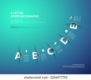 Vector five steps progress or options template with big arrows and letters with deep shadow cut from the white paper, descriptions and icons. Blue version with big color step letters