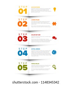 Vector five steps progress template with descriptions and icons - vertical version