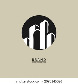 vector de cinco edificios altos en un simple círculo negro para el icono del logo. diseño plano abstracto de empresas, finanzas, construcción y negocios.