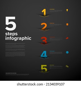 Vector five vertical steps progress template with big arrows and numbers with shadow cut from the paper, descriptions and icons. Dark version with big color step numbers