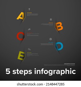 Vector five vertical steps progress template with big arrows and letters with shadow cut from the dark paper, descriptions and icons. Dark version with big color step letters