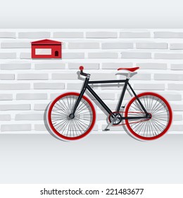 Vector fixed gear bicycle and red mail box on white brick wall texture.