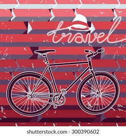 Vector fixed gear bicycle with travel, hat and abstract grunge background