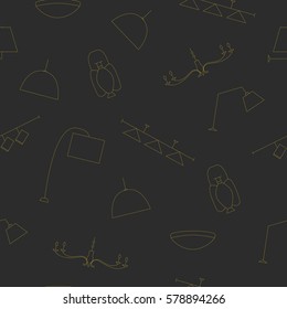Vector fixture seamless pattern. Lamp line icon set on a black background.