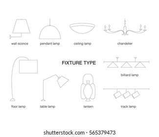 Vector fixture types. Lamp line icon set on a white background.
