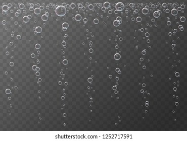 Vector fizzing air bubbles going up on transparent  background. Underwater oxygen texture. Macro object.