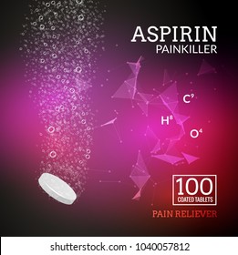 Vector fizzy drug aspirin background. Vitamin tablet with bubble trace in water. Transparent isolated water medicine for health. Painkiller pill.