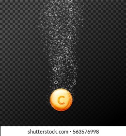 Vector fizzy drug background. Vitamin tablet with bubble trace in water. Transparent isolated water medicine for health. Painkiller pill or vitamin C