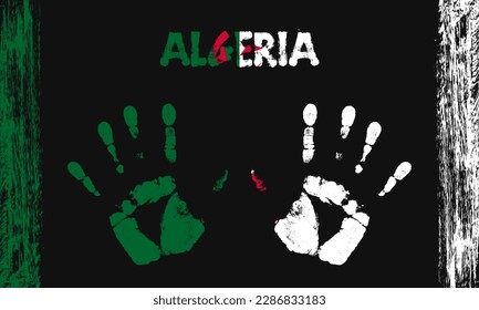 Vector flag of Algeria in the form of peaceful palms with text and brush strokes on a black background.