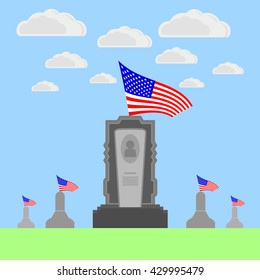 Vector Flag of America Flying over Gravestone. Memorial Day Celebration Poster. Memorial Day American Flag. Memorial Day at the Cemetery.