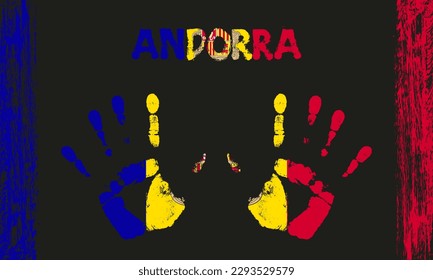 Vector flag of Andorra in the form of peaceful palms with text and brush strokes on a black background.