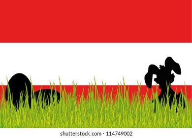Vector Flag of Austria with Easter Eggs and Easter Bunny in grass