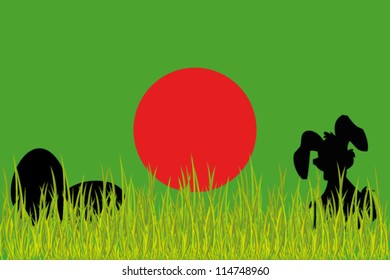 Vector Flag of Bangladesh with Easter Eggs and Easter Bunny in grass