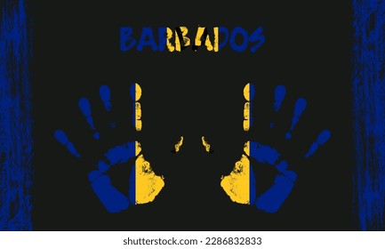 Vector flag of Barbados in the form of peaceful palms with text and brush strokes on a black background.