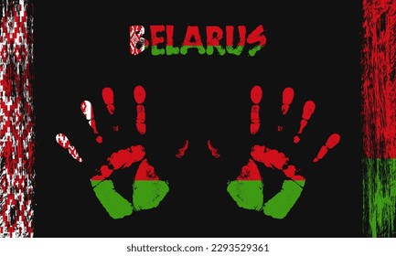 Vector flag of Belarus in the form of peaceful palms with text and brush strokes on a black background.