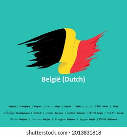 Vector flag of Belgium with turquoise color background. Comes with "Belgium" word translations in Dutch and the other languages
