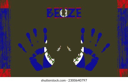 Drapeau vectoriel du Belize sous forme de palmiers paisibles avec texte et coups de pinceau sur fond noir.