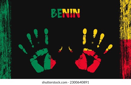 Vector flag of Benin in the form of peaceful palms with text and brush strokes on a black background.