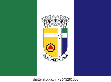 Vector flag of Betim, Brazil. The official city flag features its coat of arms (with gear and fleur-de-lis) on a green, white, and blue vertical tricolor