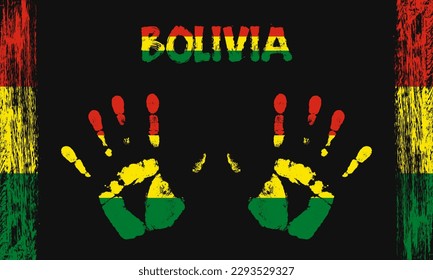 Vector flag of Bolivia in the form of peaceful palms with text and brush strokes on a black background.