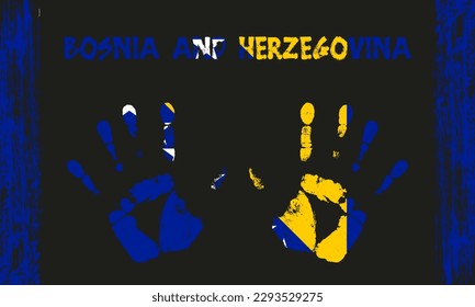 Vector flag of Bosnia and Herzegovina in the form of peaceful palms with text and brush strokes on a black background.