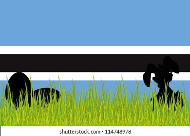 Vector Flag of Botswana with Easter Eggs and Easter Bunny in grass