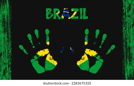 Vector flag of Brazil in the form of peaceful palms with text and brush strokes on a black background.