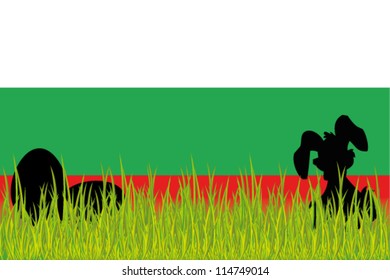 Vector Flag of Bulgaria with Easter Eggs and Easter Bunny in grass