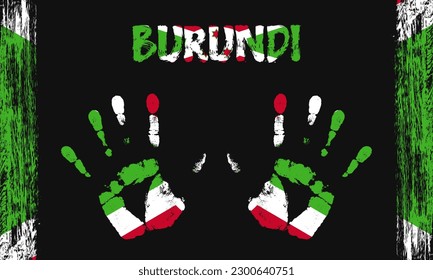 Drapeau vectoriel du Burundi sous forme de palmiers pacifiques avec texte et coups de pinceau sur fond noir.