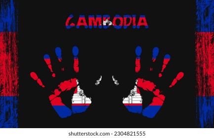 Drapeau vectoriel du Cambodge sous la forme de paumes pacifiques avec texte et coups de pinceau sur fond noir.