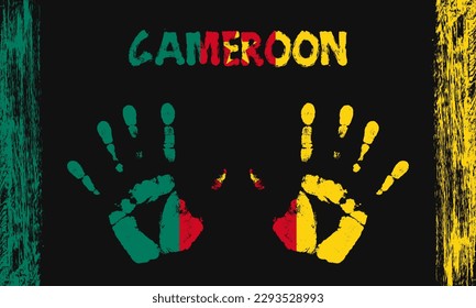 Vector flag of Cameroon in the form of peaceful palms with text and brush strokes on a black background.